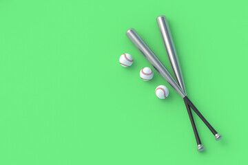 Baseball bats and balls on green background. Sports equipment. Professional league. Game for leisure. Top view. Copy space. 3d render