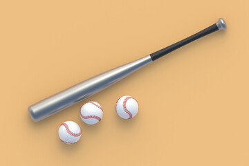 Baseball bat and balls on beige background. Sports equipment. Professional league. Game for leisure. Top view. 3d render