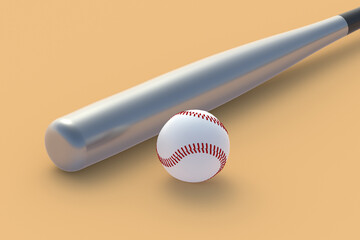 Baseball bat and ball on beige background. Sports equipment. Professional league. Game for leisure. 3d render