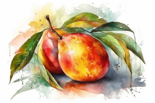 Illustration of two ripe peaches with green leaves in a watercolor painting. Generative AI