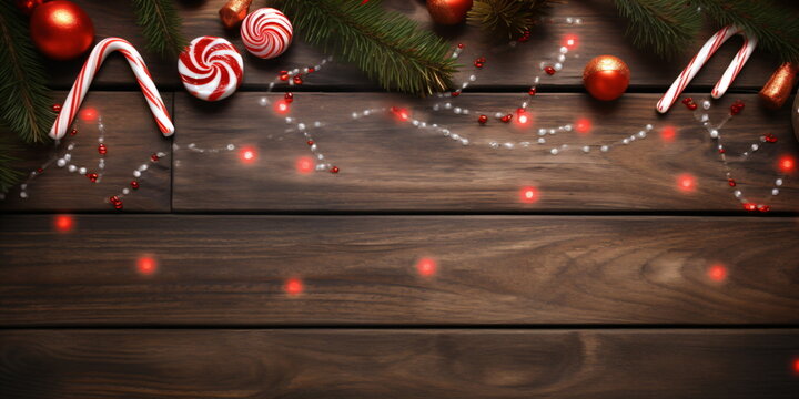 Weihnachten Hintergrund. Weihnachtsdekorationen auf h&ouml;lzernem dunklen Holztisch Hintergrund. Draufsicht Platz f&uuml;r Text - erstellt mit AI 