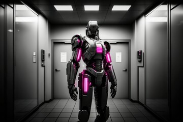 Fototapeta na wymiar A_Security Robot Humanoid Magenta Standing in The Secuity Room ,UHD Cinematic style. Generative AI. 