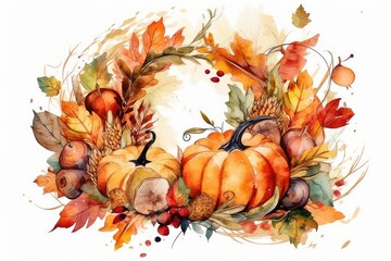 fall-themed wreath with pumpkins and leaves in watercolor. Generative AI - obrazy, fototapety, plakaty
