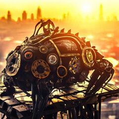 Generative AI illustration of a mechanical steampunk mobile house in the shape of a beetle. 
