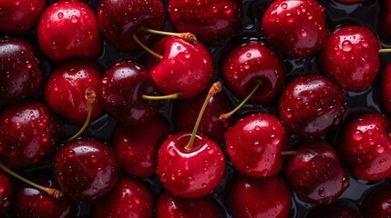 Cherry seamless background with water drops, top view, flat lay. Generative AI