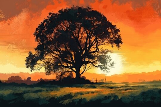 serene sunset with a tree in the foreground. Generative AI