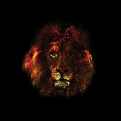 Painted Lion Head Centered on Black Background features an intensely colored digitally painted lion head on a field of black centered in a square ratio.