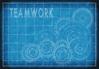 Teamwork Gears on Blueprint Page Background features gears in a white outline on a blueprint background with Teamwork text in the upper left hand corner.