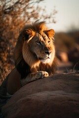 Golden Hour King: Resting Lion on African Savanna Rock, Generative AI
