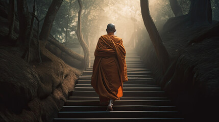 Buddhist monk walking up the temple stairs - by generative ai - obrazy, fototapety, plakaty