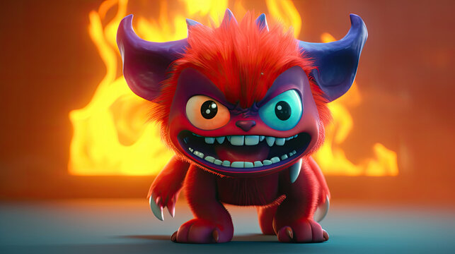 cute cartoon demonic red devil and fire - by generative ai 