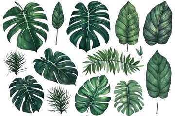 tropical leaf collection with various shapes and colors on a white background. Generative AI
