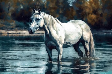 Naklejka na ściany i meble majestic white horse standing in a serene body of water. Generative AI