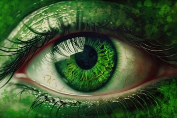 close-up of a vibrant green eye staring directly at the viewer. Generative AI