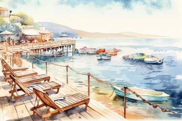 Obraz premium serene waterfront with a bustling pier and colorful boats. Generative AI