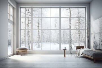 Fototapeta premium Cozy Bedroom with a Panoramic View of a Snowy Forest. Generative AI