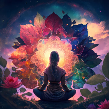Women Meditation Chakra Universe. Generative AI