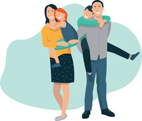 illustration vectorielle représentant une famille. Les parents portent leurs deux enfants dans les bras. Famille heureuse.