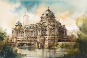 Obraz premium beautiful building with a bridge in the foreground. Generative AI