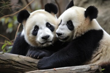 Plakat Illustration of two pandas lounging on a tree branc. Generative AI