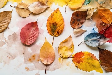 Fototapeta na wymiar Illustration of colorful autumn leaves spread on a white background. Generative AI
