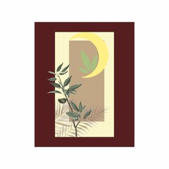 Bohemian styled graphic art with plants and moon