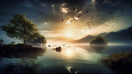 Naklejka na ściany i meble A Fantastical Landscape with a Misty Lake and Magnificent Light - generative ai