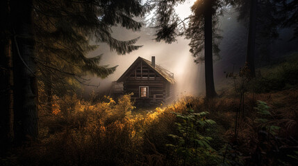 A Wooden Cottage in Forest on Misty Sunrise Morning - generative ai
