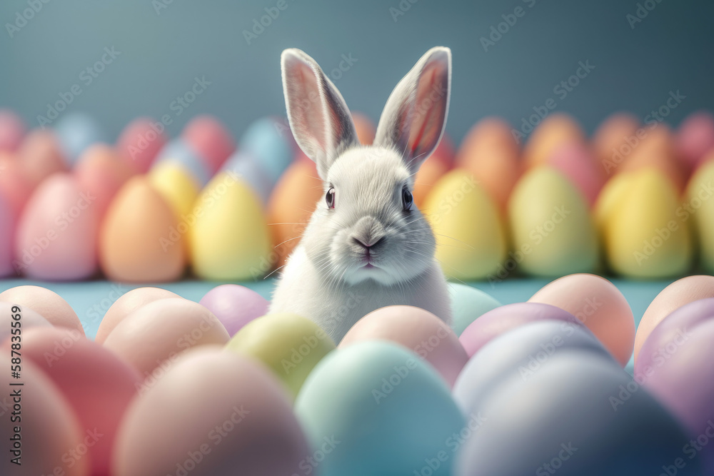 Wall mural a white rabbit surrounded by colored eggs aligned, decorated and pastel colored easter eggs, on a pa