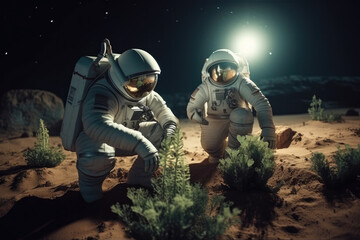 Fototapeta premium Two astronauts explore new plants on an alien planet.