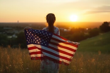 Independence Day USA. Rear view of a kid girl with the US on a nature environment at sunset.Generative AI