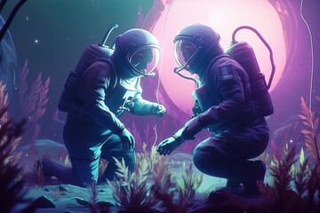 Two astronauts explore new plants on an alien planet.