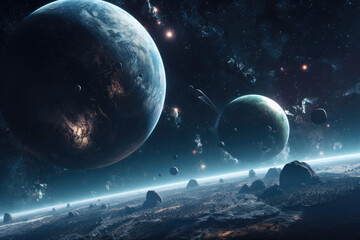 Plakat Universe scene with planets stars and galaxies in outer space showing the beauty of space exploration.