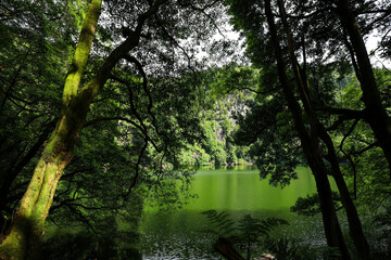 The peaceful Lagoa Do Congro is located at the end of an easy hike in the island of Sao Miguel in the Azores, Portugal