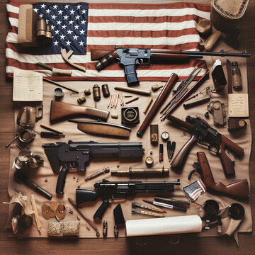 Organized Weapons Knolling with American Flag - generative ai