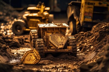 Fototapeta premium heavy-duty dump truck excavating soil with a front-end shovel. Generative AI