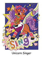 Cute unicorn pop star singer color vector illustration