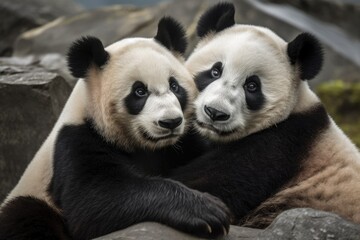 Obraz premium Illustration of two pandas perched on a rocky outcrop in a bamboo forest. Generative AI