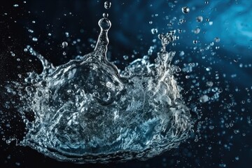 Illustration of water droplets splashing into the air against a black background. Generative AI