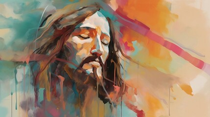 An abstract illustration of  jesus, jesus face, with bold, expressive brushstrokes and a color palette inspired by the natural world - created with Generative AI technology