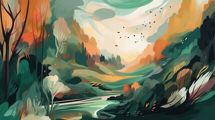 An abstract illustration of nature, river, birds in the distance - created with Generative AI technology