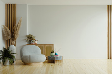 Contemporary interior design with an gray armchair on empty white color wall background.