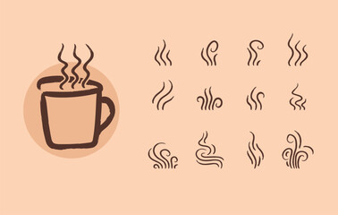 Coffee cup and coffee aroma icon set. Coffee aroma collection. Cup of coffee with steam. Flat style vector