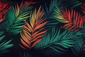Illustration of colorful tropical leaves on a black background. Generative AI