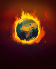 Illustration créée avec l'intelligence artificielle montrant la planète terre en feu. Concept illustrant le réchauffement climatique