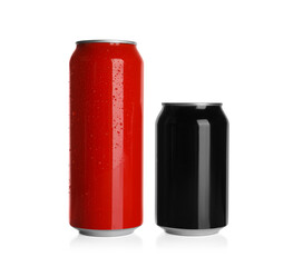 Aluminum cans with drinks on white background