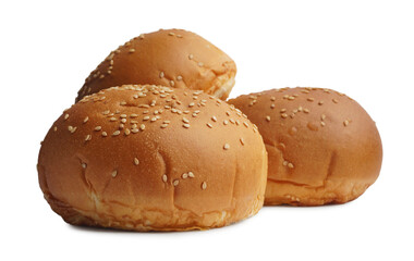 Fresh tasty buns with sesame seeds isolated on white