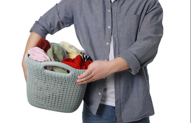 Man with basket full of laundry on white background, closeup