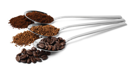 Spoons of beans, instant and ground coffee on white background
