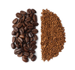 Instant coffee and beans on white background, top view
